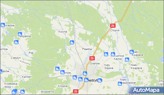 mapa Pawłów gmina Sośnie, Pawłów gmina Sośnie na mapie Targeo