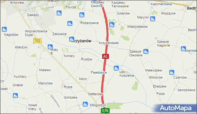 mapa Pawłowice gmina Krzyżanów, Pawłowice gmina Krzyżanów na mapie Targeo