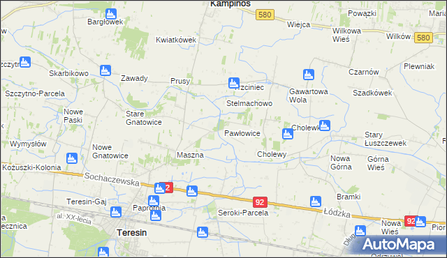 mapa Pawłowice gmina Teresin, Pawłowice gmina Teresin na mapie Targeo