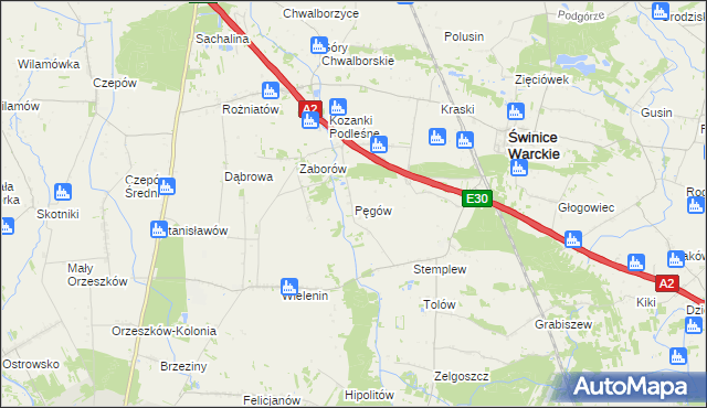 mapa Pęgów gmina Uniejów, Pęgów gmina Uniejów na mapie Targeo