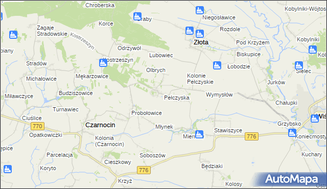 mapa Pełczyska gmina Złota, Pełczyska gmina Złota na mapie Targeo