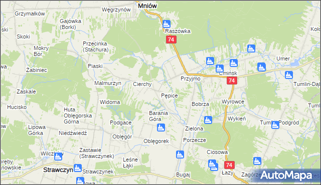 mapa Pępice gmina Mniów, Pępice gmina Mniów na mapie Targeo