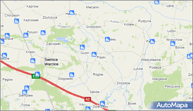 mapa Piaski gmina Świnice Warckie, Piaski gmina Świnice Warckie na mapie Targeo