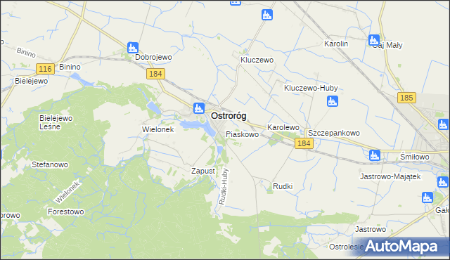 mapa Piaskowo gmina Ostroróg, Piaskowo gmina Ostroróg na mapie Targeo