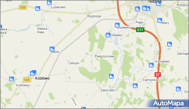 mapa Pielgrzymowo gmina Kozłowo, Pielgrzymowo gmina Kozłowo na mapie Targeo