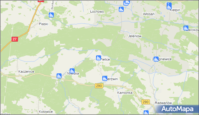 mapa Pielice gmina Nowogród Bobrzański, Pielice gmina Nowogród Bobrzański na mapie Targeo