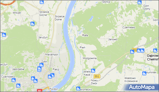 mapa Pień gmina Dąbrowa Chełmińska, Pień gmina Dąbrowa Chełmińska na mapie Targeo
