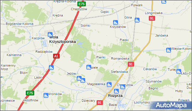 mapa Pieńki gmina Rozprza, Pieńki gmina Rozprza na mapie Targeo