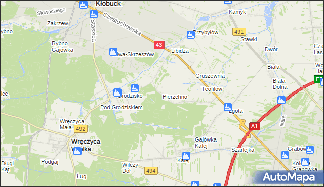 mapa Pierzchno gmina Wręczyca Wielka, Pierzchno gmina Wręczyca Wielka na mapie Targeo