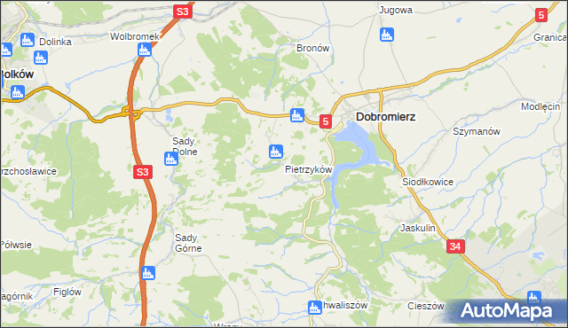 mapa Pietrzyków gmina Dobromierz, Pietrzyków gmina Dobromierz na mapie Targeo