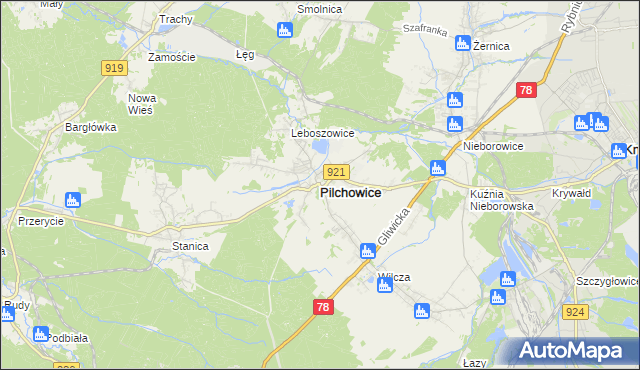 mapa Pilchowice powiat gliwicki, Pilchowice powiat gliwicki na mapie Targeo
