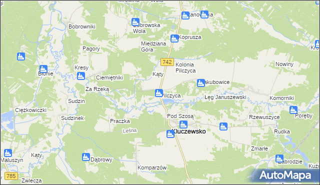 mapa Pilczyca gmina Kluczewsko, Pilczyca gmina Kluczewsko na mapie Targeo