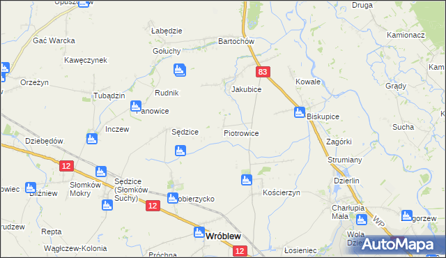 mapa Piotrowice gmina Warta, Piotrowice gmina Warta na mapie Targeo