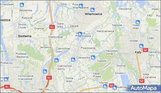 mapa Pisarzowice gmina Wilamowice, Pisarzowice gmina Wilamowice na mapie Targeo