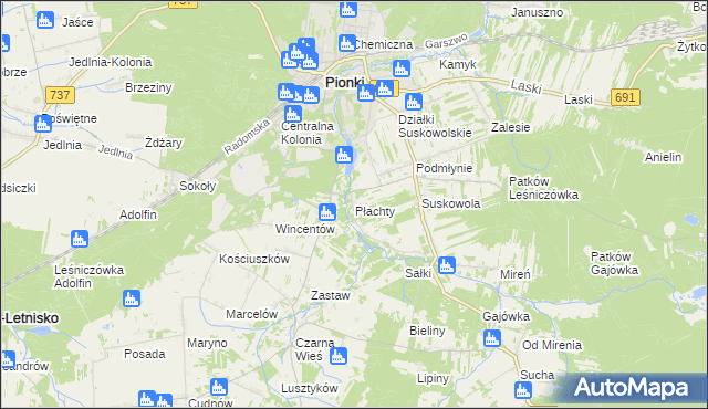 mapa Płachty gmina Pionki, Płachty gmina Pionki na mapie Targeo