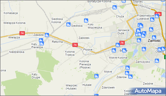 mapa Płoskie gmina Zamość, Płoskie gmina Zamość na mapie Targeo