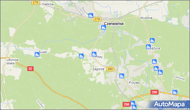 mapa Płoty gmina Czerwieńsk, Płoty gmina Czerwieńsk na mapie Targeo