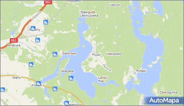 mapa Pluski gmina Stawiguda, Pluski gmina Stawiguda na mapie Targeo