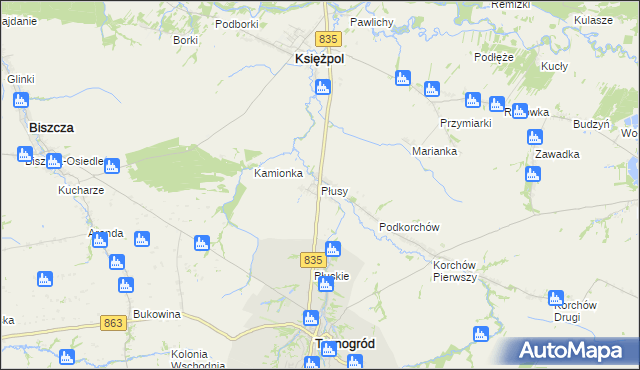 mapa Płusy gmina Księżpol, Płusy gmina Księżpol na mapie Targeo