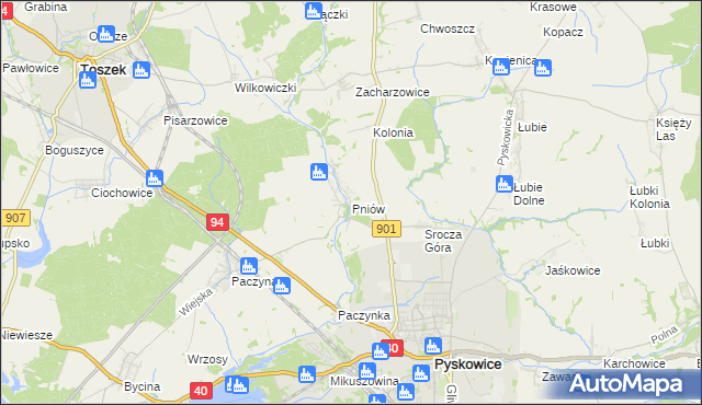 mapa Pniów gmina Toszek, Pniów gmina Toszek na mapie Targeo