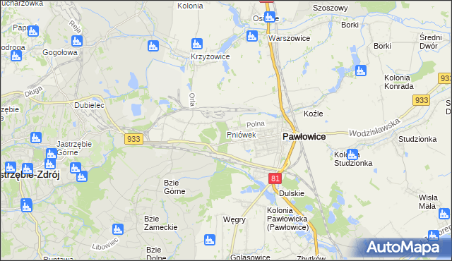 mapa Pniówek gmina Pawłowice, Pniówek gmina Pawłowice na mapie Targeo
