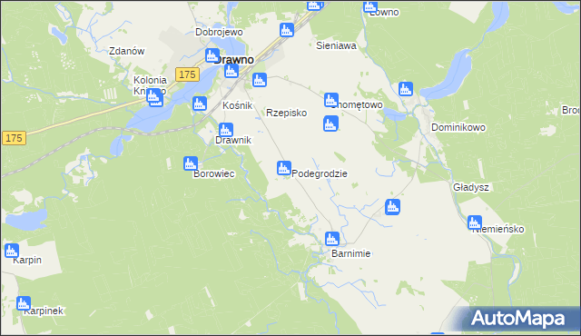 mapa Podegrodzie gmina Drawno, Podegrodzie gmina Drawno na mapie Targeo