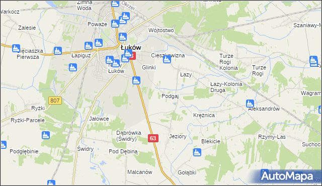 mapa Podgaj gmina Łuków, Podgaj gmina Łuków na mapie Targeo