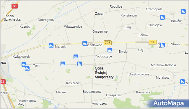 mapa Podgórzyce gmina Góra Świętej Małgorzaty, Podgórzyce gmina Góra Świętej Małgorzaty na mapie Targeo