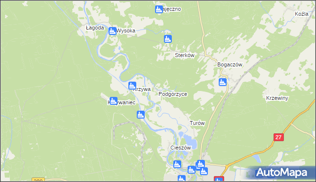 mapa Podgórzyce gmina Nowogród Bobrzański, Podgórzyce gmina Nowogród Bobrzański na mapie Targeo