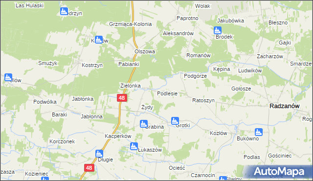 mapa Podlesie gmina Radzanów, Podlesie gmina Radzanów na mapie Targeo
