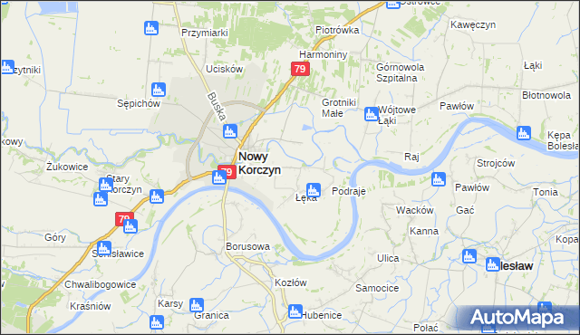 mapa Podzamcze gmina Nowy Korczyn, Podzamcze gmina Nowy Korczyn na mapie Targeo