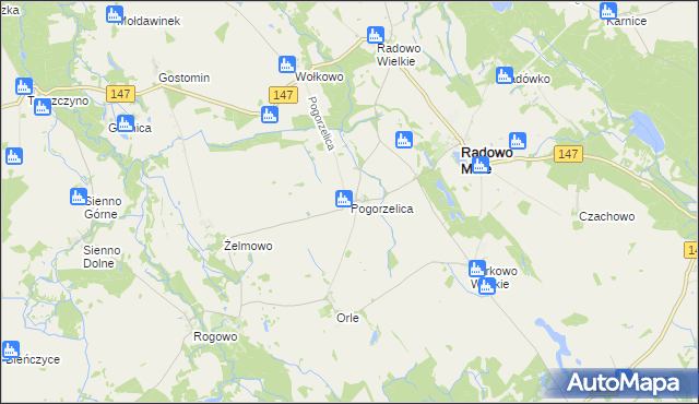 mapa Pogorzelica gmina Radowo Małe, Pogorzelica gmina Radowo Małe na mapie Targeo