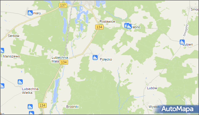 mapa Połęcko gmina Ośno Lubuskie, Połęcko gmina Ośno Lubuskie na mapie Targeo