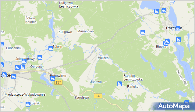 mapa Policko gmina Pszczew, Policko gmina Pszczew na mapie Targeo