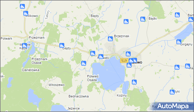 mapa Półwieś gmina Zalewo, Półwieś gmina Zalewo na mapie Targeo