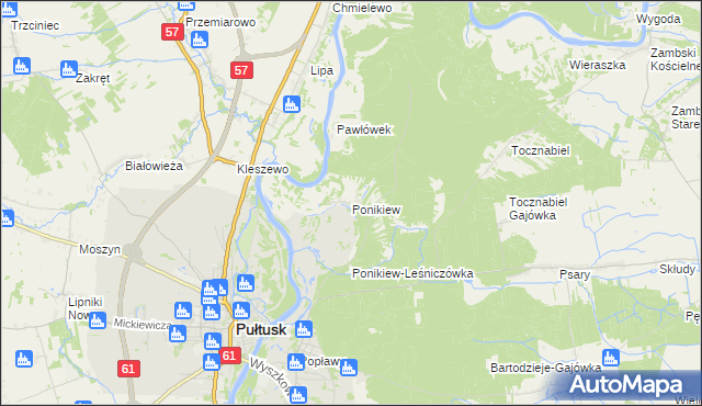 mapa Ponikiew gmina Pułtusk, Ponikiew gmina Pułtusk na mapie Targeo