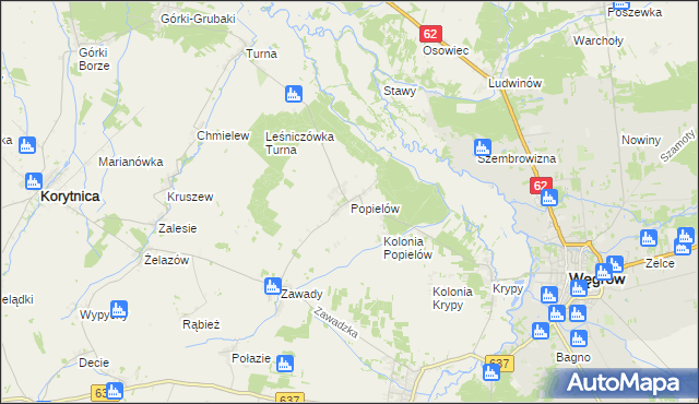 mapa Popielów gmina Liw, Popielów gmina Liw na mapie Targeo