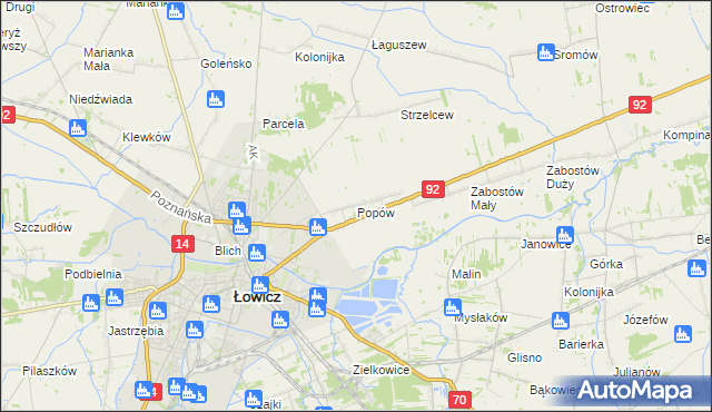 mapa Popów gmina Łowicz, Popów gmina Łowicz na mapie Targeo