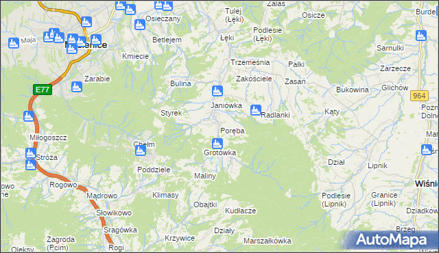 mapa Poręba gmina Myślenice, Poręba gmina Myślenice na mapie Targeo