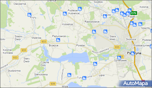 mapa Poręba gmina Pszczyna, Poręba gmina Pszczyna na mapie Targeo