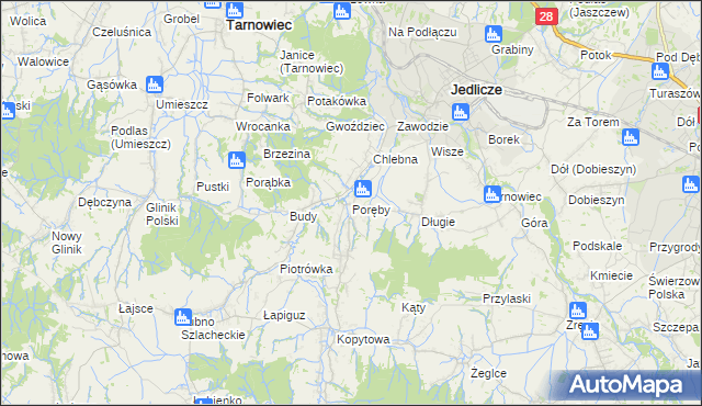 mapa Poręby gmina Jedlicze, Poręby gmina Jedlicze na mapie Targeo