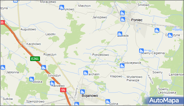 mapa Potrzebowo gmina Bojanowo, Potrzebowo gmina Bojanowo na mapie Targeo