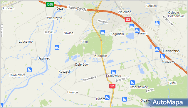 mapa Prądocin gmina Deszczno, Prądocin gmina Deszczno na mapie Targeo