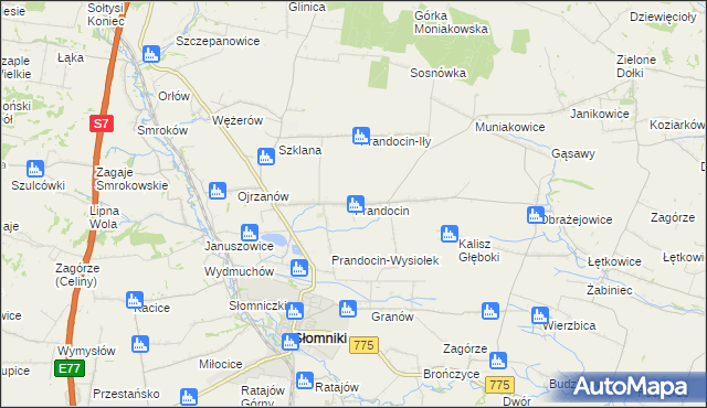 mapa Prandocin gmina Słomniki, Prandocin gmina Słomniki na mapie Targeo