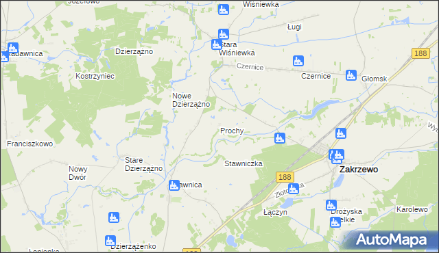 mapa Prochy gmina Zakrzewo, Prochy gmina Zakrzewo na mapie Targeo