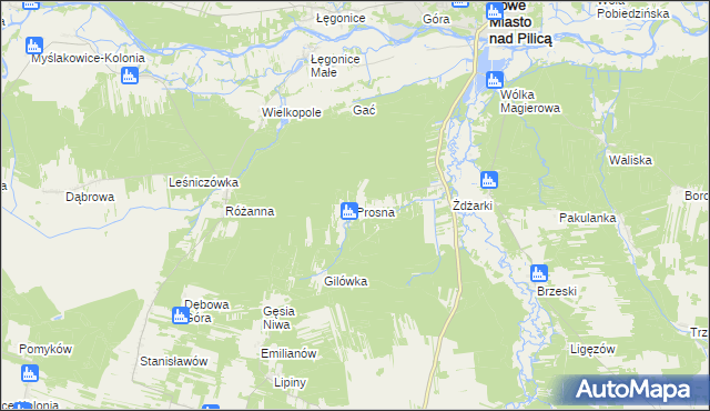 mapa Prosna gmina Nowe Miasto nad Pilicą, Prosna gmina Nowe Miasto nad Pilicą na mapie Targeo