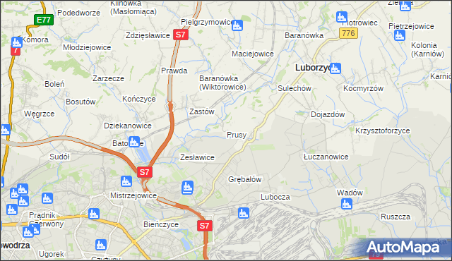 mapa Prusy gmina Kocmyrzów-Luborzyca, Prusy gmina Kocmyrzów-Luborzyca na mapie Targeo