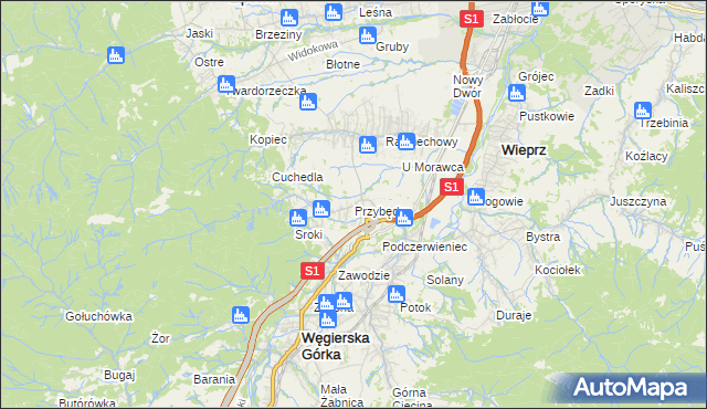 mapa Przybędza, Przybędza na mapie Targeo