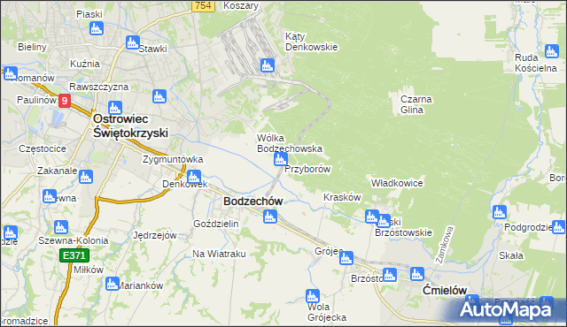 mapa Przyborów gmina Bodzechów, Przyborów gmina Bodzechów na mapie Targeo