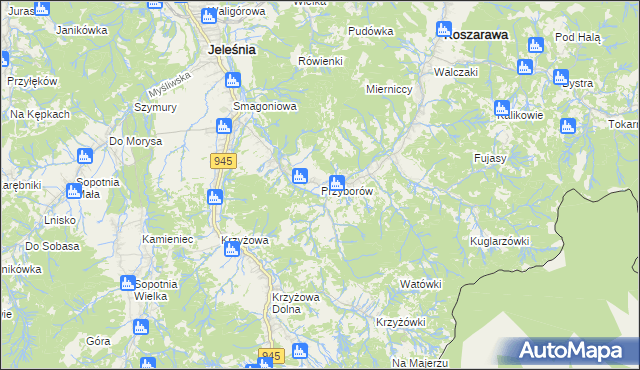 mapa Przyborów gmina Jeleśnia, Przyborów gmina Jeleśnia na mapie Targeo